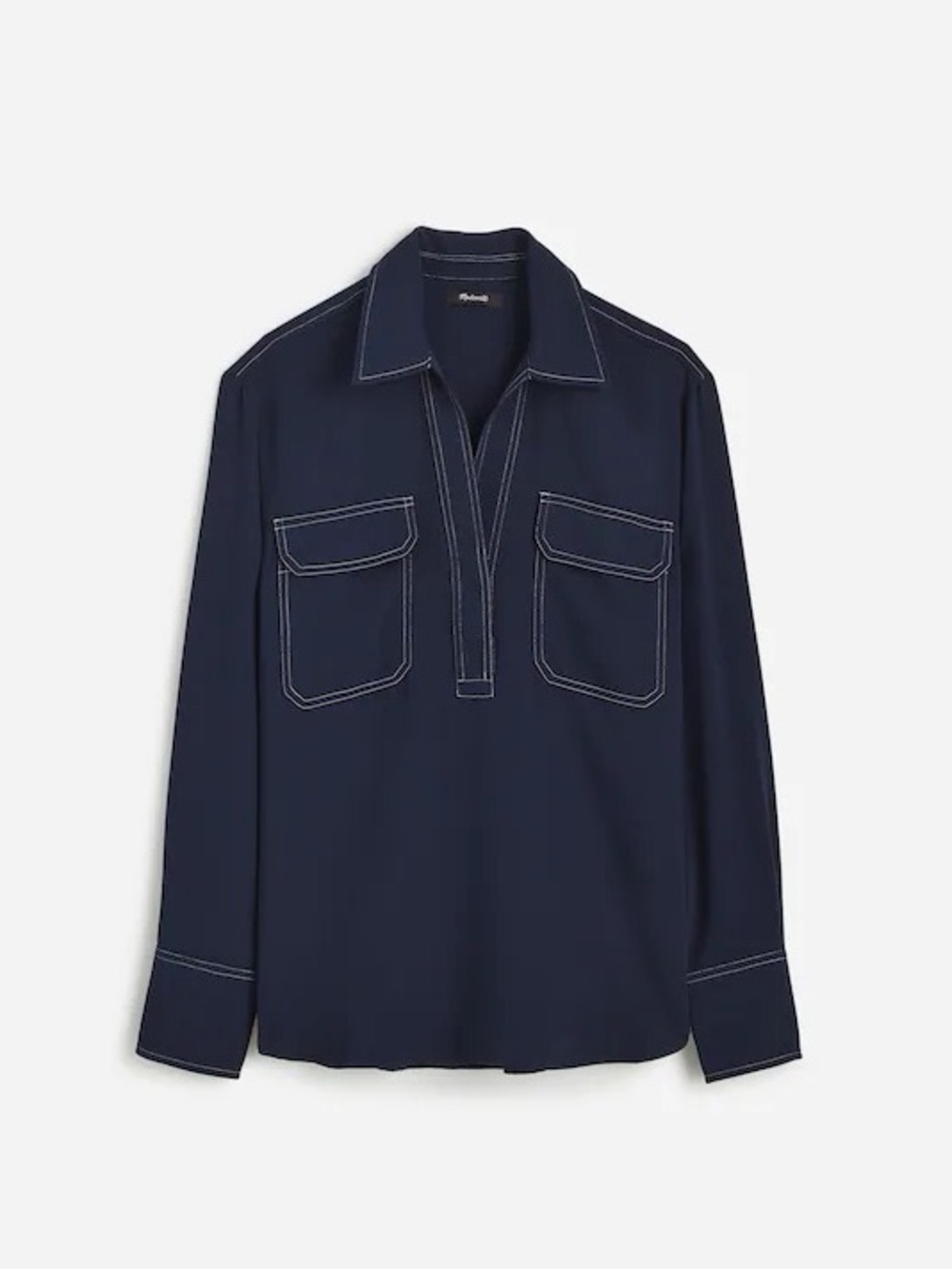Madewell Blue Contrast Stitch Popover Long Sleeve Shirt Patch Pocket - Size M